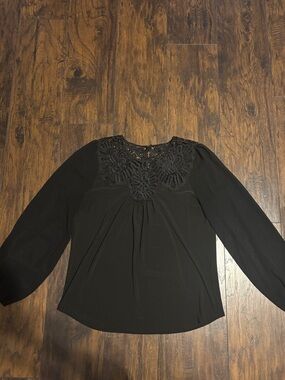 Women’s White House Black Market Long Sleeve Black Blouse with Crochet Neckline